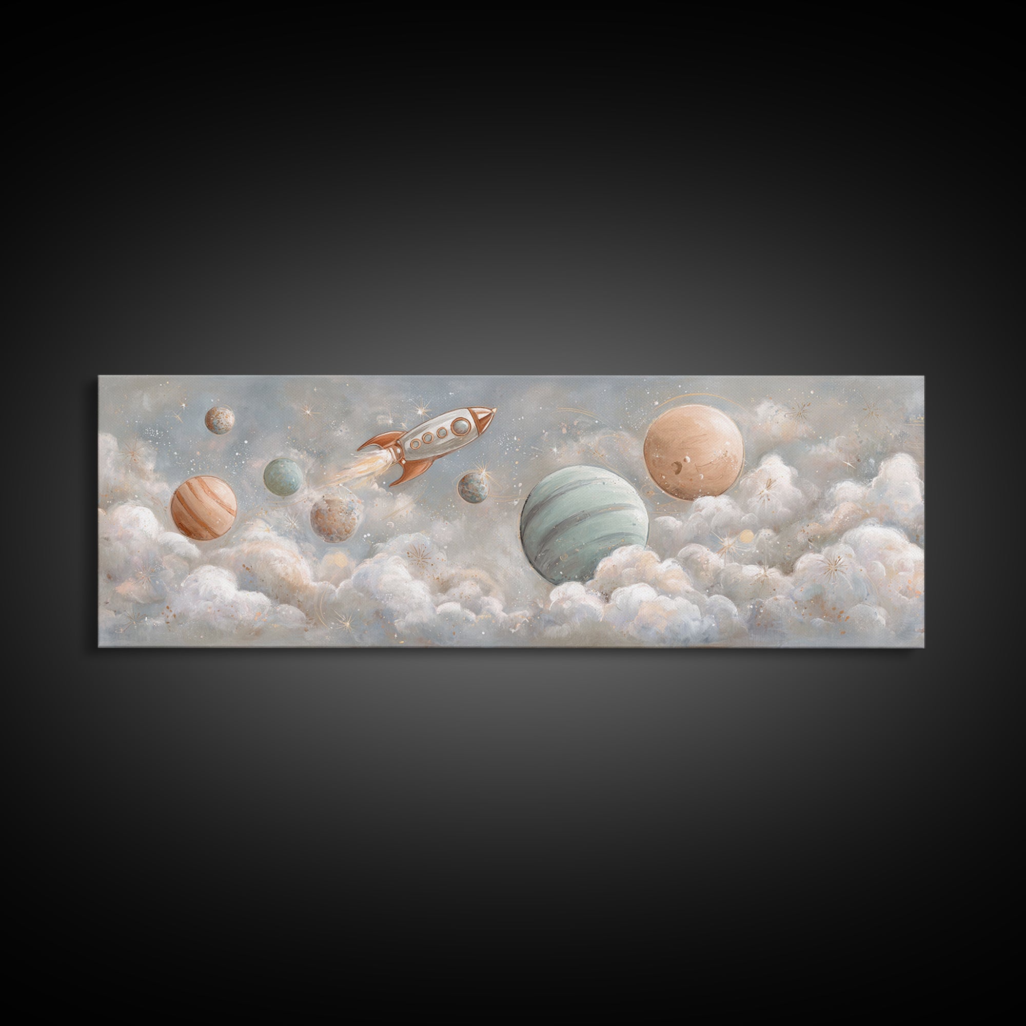 Rocket Ship and Smiling Planets Canvas Print, Nursery Art, Baby Girl Nursery, Nursery Decor, Oil Painting, Nursery, NUR-3x1-85