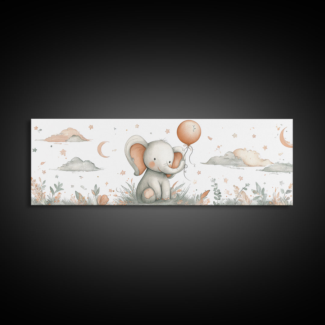 Sleepy Baby Elephant Holding a Tiny Balloon Framed Canvas Print, Nursery Art, Woodland Nursery Art, Nursery Decor, Oil Painting, NUR-3x1-89
