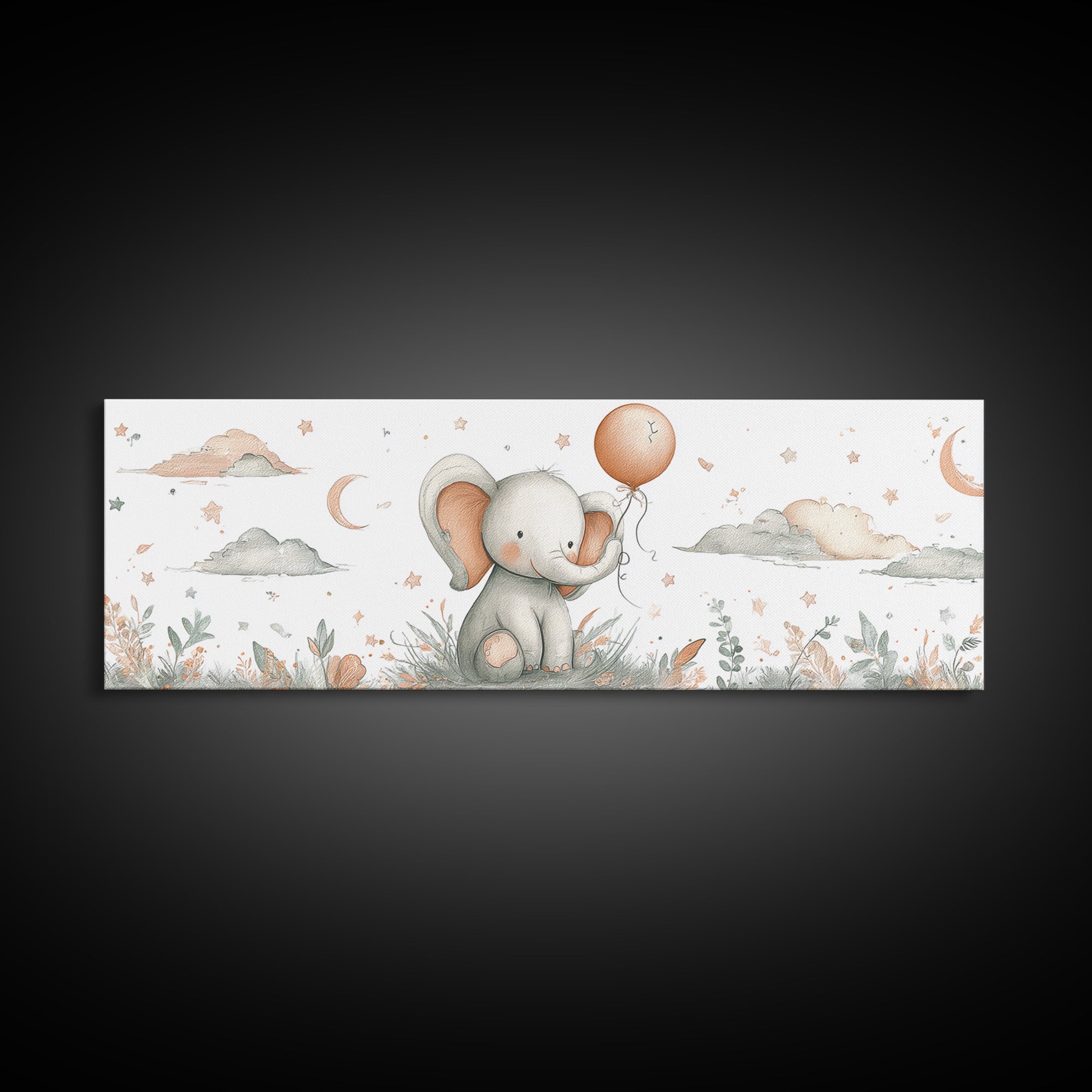 Sleepy Baby Elephant Holding a Tiny Balloon Framed Canvas Print, Nursery Art, Woodland Nursery Art, Nursery Decor, Oil Painting, NUR-3x1-89