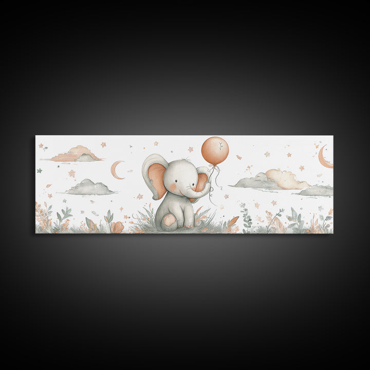 Sleepy Baby Elephant Holding a Tiny Balloon Framed Canvas Print, Nursery Art, Woodland Nursery Art, Nursery Decor, Oil Painting, NUR-3x1-89
