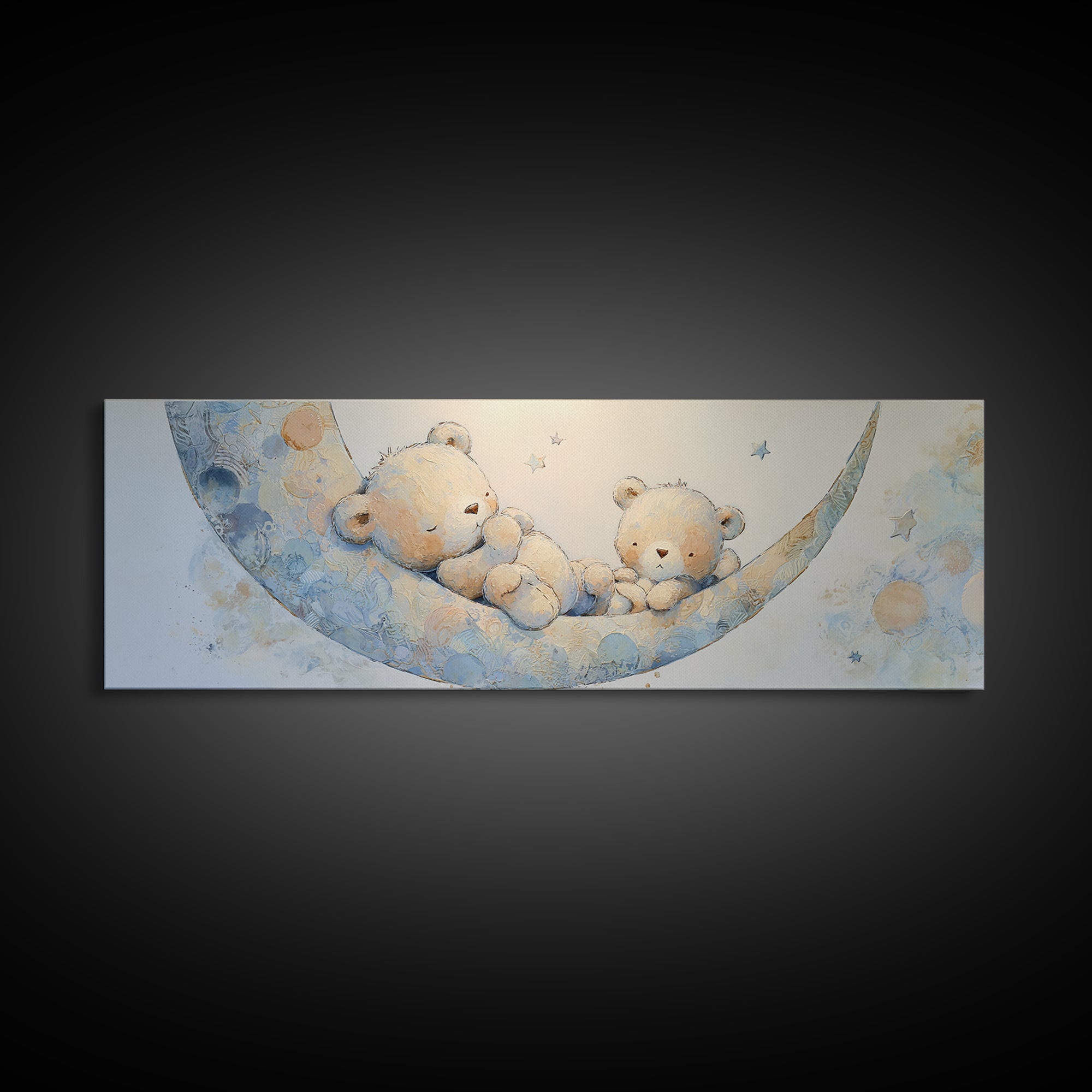 Baby Bear Floating on a Crescent Moon Canvas Print, Nursery Art, Digital Download Art, Nursery Decor, Watercolor Art, Nursery, NUR-3x1-94