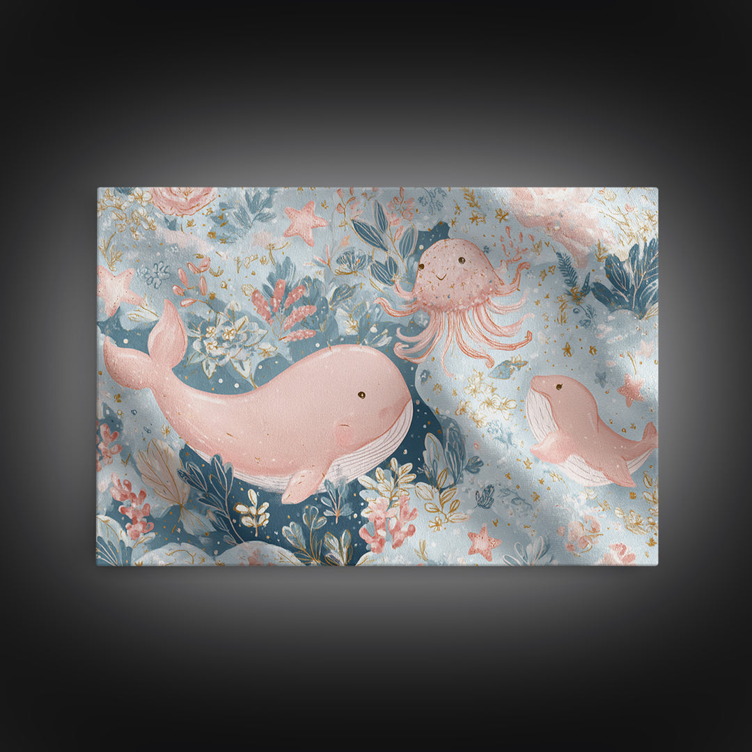 Friendly Ocean Creatures Framed Canvas Print, Nursery Art, Modern Decor, Nursery Decor, Fine Art, Nursery, Art Print, NUR-3x2-100