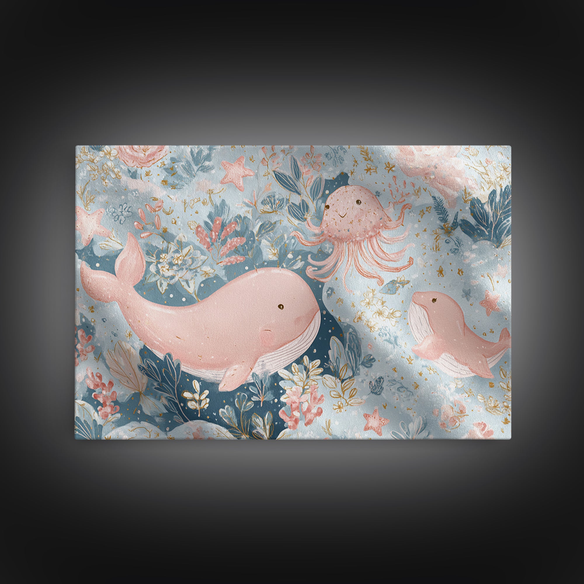 Friendly Ocean Creatures Framed Canvas Print, Nursery Art, Modern Decor, Nursery Decor, Fine Art, Nursery, Art Print, NUR-3x2-100