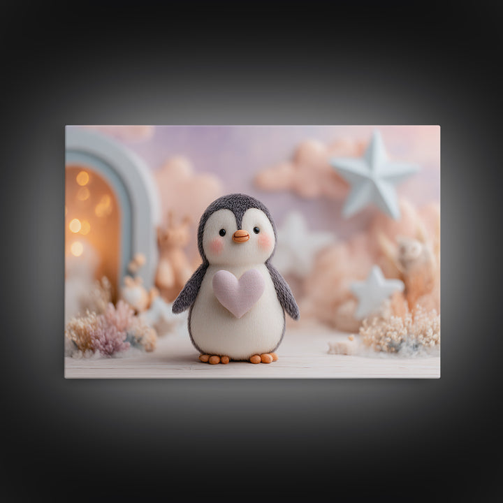 Penguin Holding a Little Heart Shape Framed Canvas Print, Nursery Art, Nursery Wall Art, Nursery Decor, Fine Art, Nursery, NUR-3x2-14