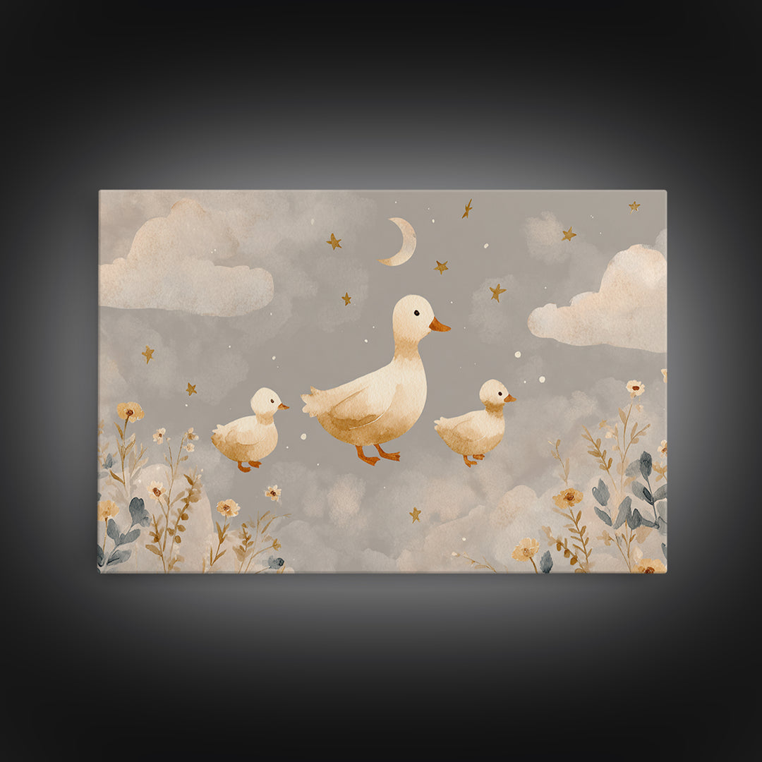 Ducklings Following a Mother Duck Framed Canvas Print, Nursery Art, Printable Art, Nursery Decor, Nursery, Watercolor Print, NUR-3x2-18