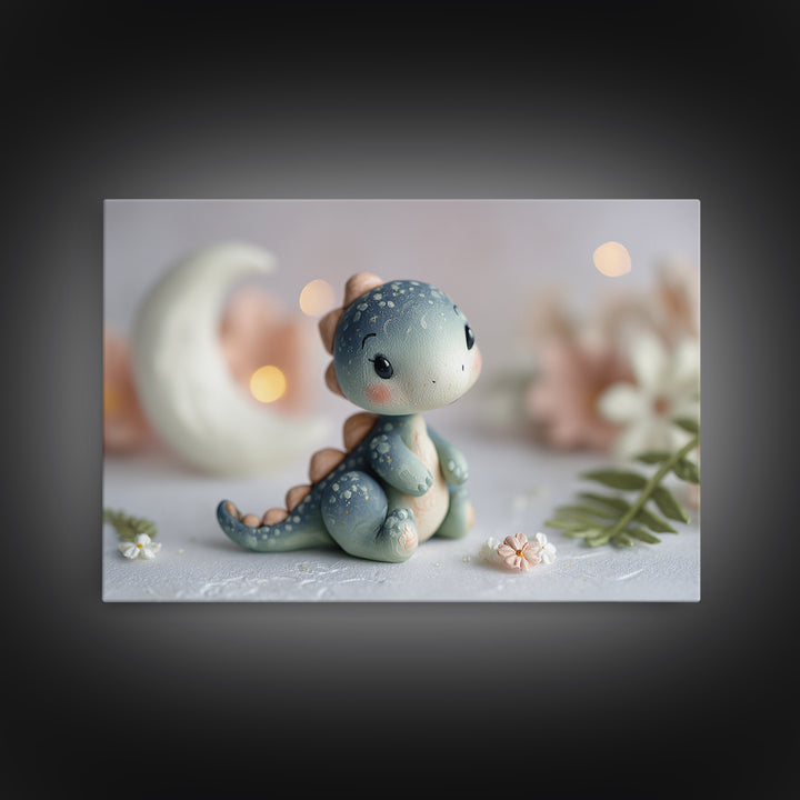 Tiny Dinosaur with Friendly Expression Framed Canvas Print, Nursery Art, Playroom Wall Art, Nursery Decor, Fine Art, Nursery, NUR-3x2-19