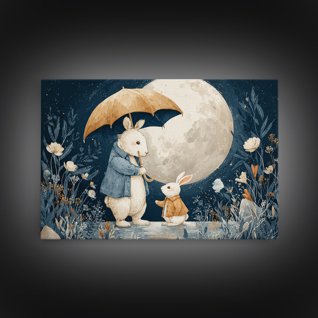 Bear and Rabbit Sharing Umbrella Canvas Print, Nursery Art, Digital Download Art, Nursery Decor, Nursery, Whimsical Wall Art, NUR-3x2-21