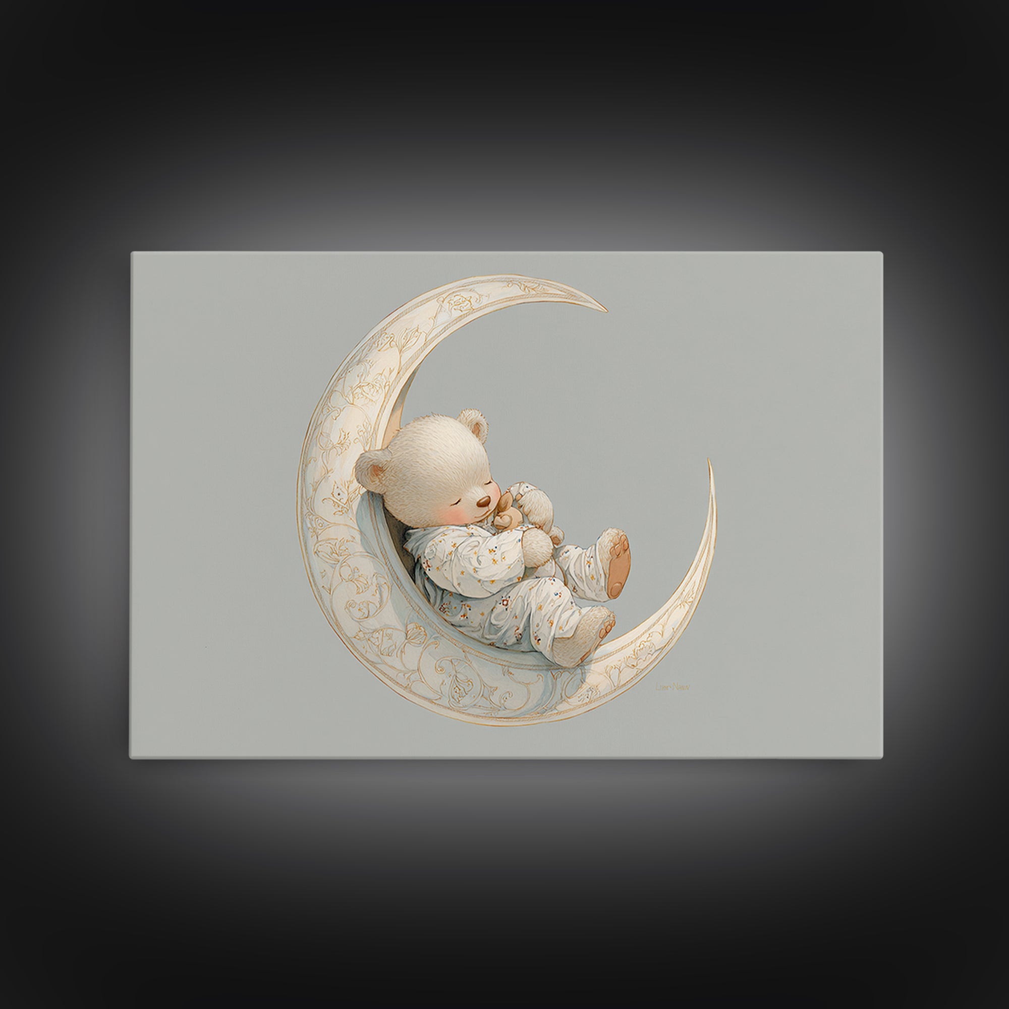 Baby Bear Floating on a Crescent Moon Canvas Print, Nursery Art, Digital Download Art, Nursery Decor, Watercolor Art, Nursery, NUR-3x2-34