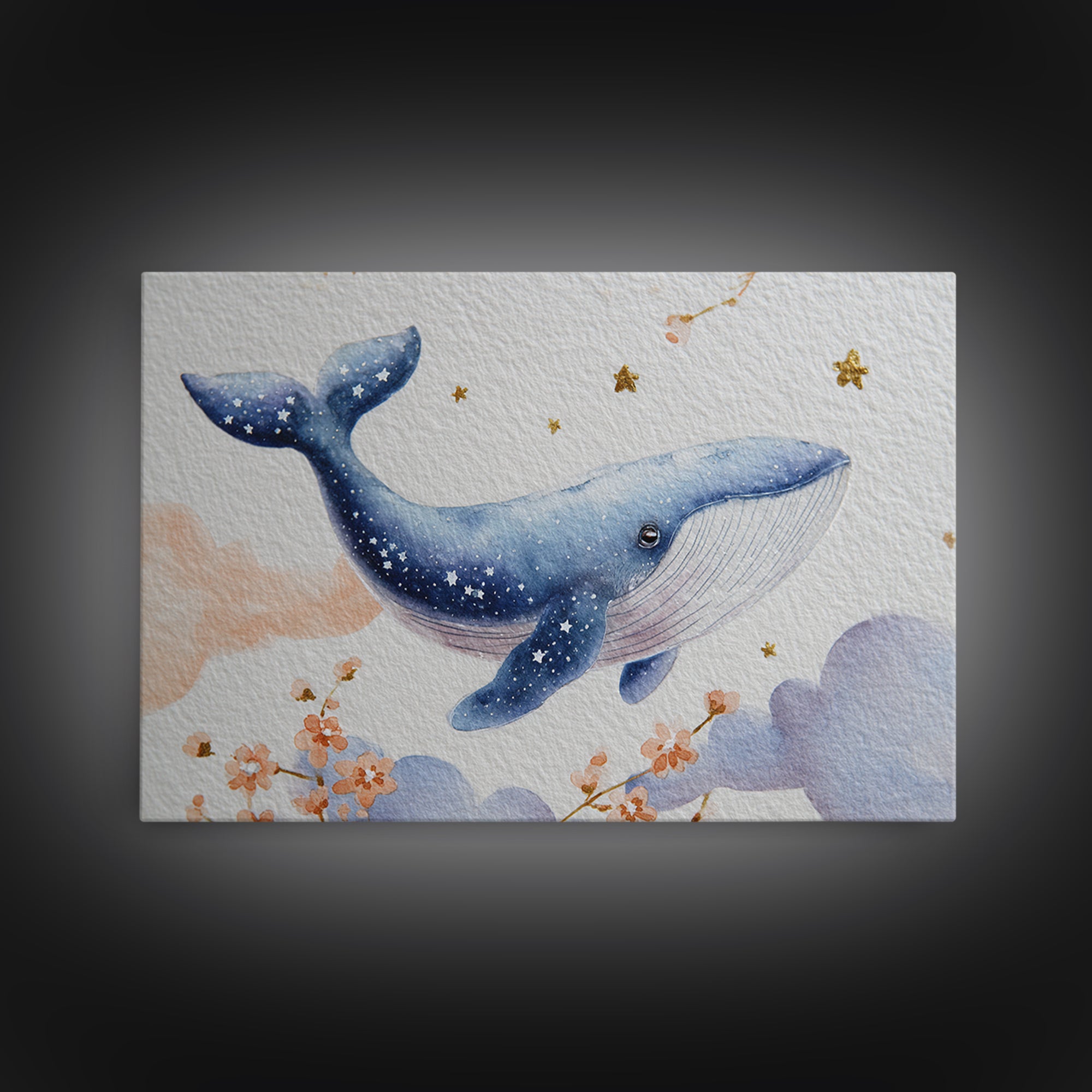 Whale and Tiny Stars Framed Canvas Print, Nursery Art, Kids Wall Art, Nursery Decor, Fine Art, Nursery, Gallery Decor, NUR-3x2-36