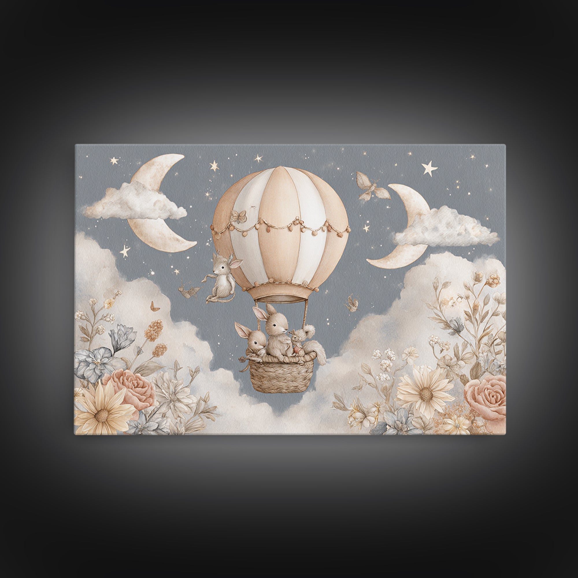 Floating Hot Air Balloon Framed Canvas Print, Nursery Art, Woodland Nursery, Nursery Decor, Oil Painting, Nursery, NUR-3x2-40