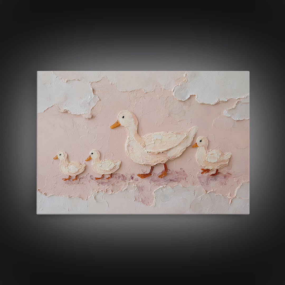 Ducklings Following a Mother Duck Canvas Print, Nursery Art, Playroom Decor, Nursery Decor, Oil Painting, Nursery, NUR-3x2-42