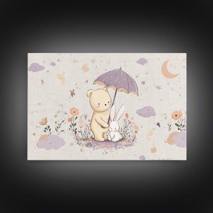 Bear and Rabbit Sharing Umbrella Framed Canvas Print, Nursery Art, Playroom Wall Art, Nursery Decor, Fine Art, Nursery, NUR-3x2-45