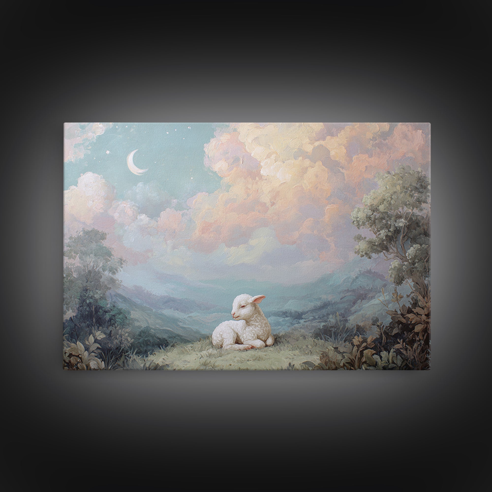 Little Lamb under a Starry Sky Framed Canvas Print, Nursery Art, Room Decor, Nursery Decor, Oil Painting, Nursery, NUR-3x2-47