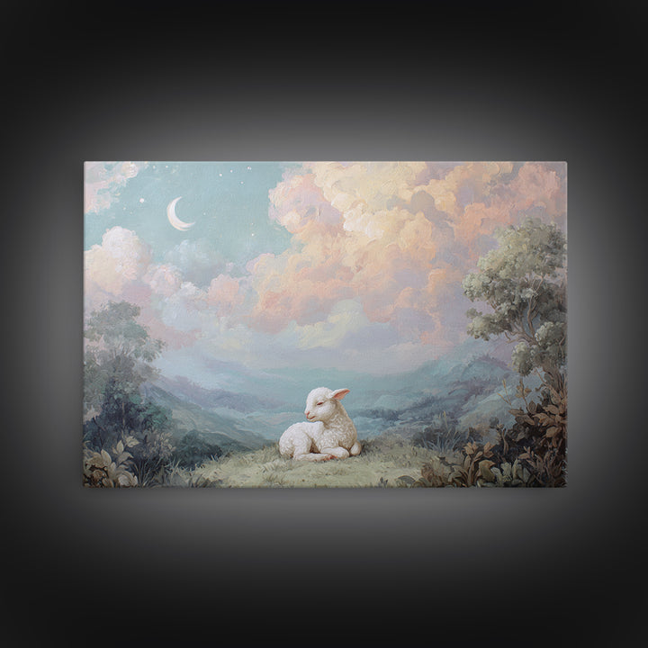 Little Lamb under a Starry Sky Framed Canvas Print, Nursery Art, Room Decor, Nursery Decor, Oil Painting, Nursery, NUR-3x2-47