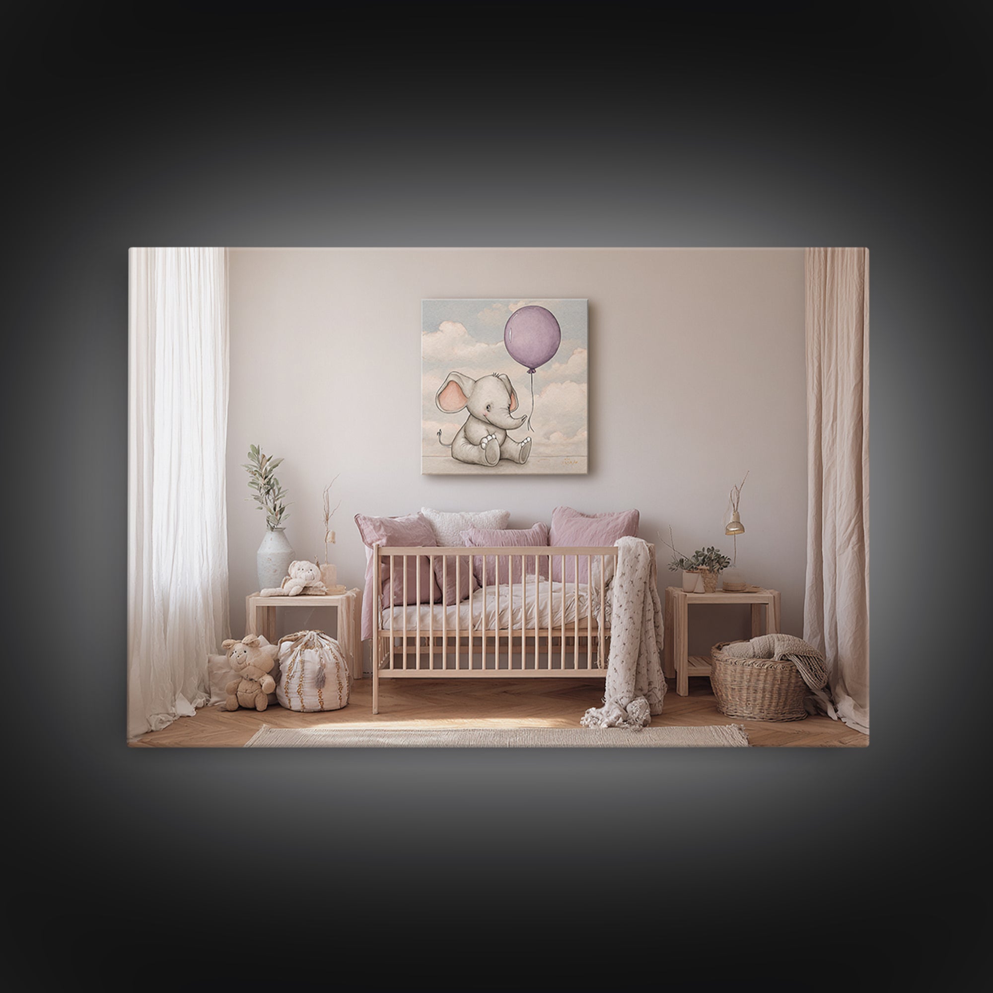 Sleepy Baby Elephant Holding a Tiny Balloon Framed Canvas Print, Nursery Art, Woodland Nursery, Nursery Decor, Nursery, NUR-3x2-5