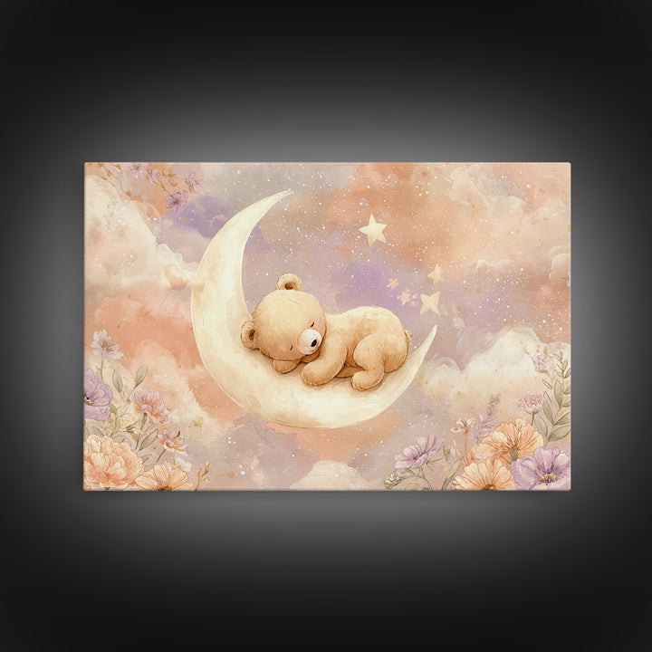 Baby Bear Floating on a Crescent Moon Canvas Print, Nursery Art, Digital Download Art, Nursery Decor, Watercolor Art, Nursery, NUR-3x2-58