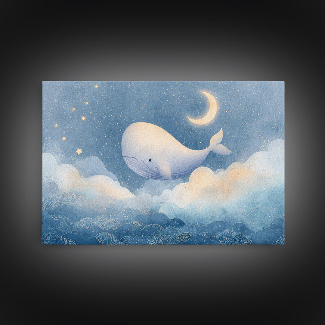 Whale and Tiny Stars Framed Canvas Print, Nursery Art, Whimsical Wall Art, Nursery Decor, Fine Art, Nursery, Minimalist Decor, NUR-3x2-60