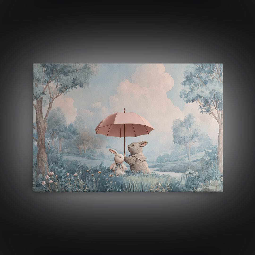 Bear and Rabbit Sharing Umbrella Framed Canvas Print, Nursery Art, Playroom Wall Art, Nursery Decor, Fine Art, Nursery, NUR-3x2-69