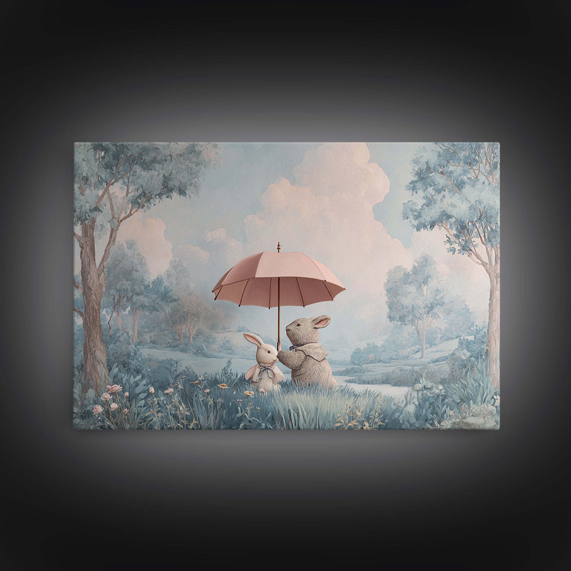 Bear and Rabbit Sharing Umbrella Framed Canvas Print, Nursery Art, Playroom Wall Art, Nursery Decor, Fine Art, Nursery, NUR-3x2-69