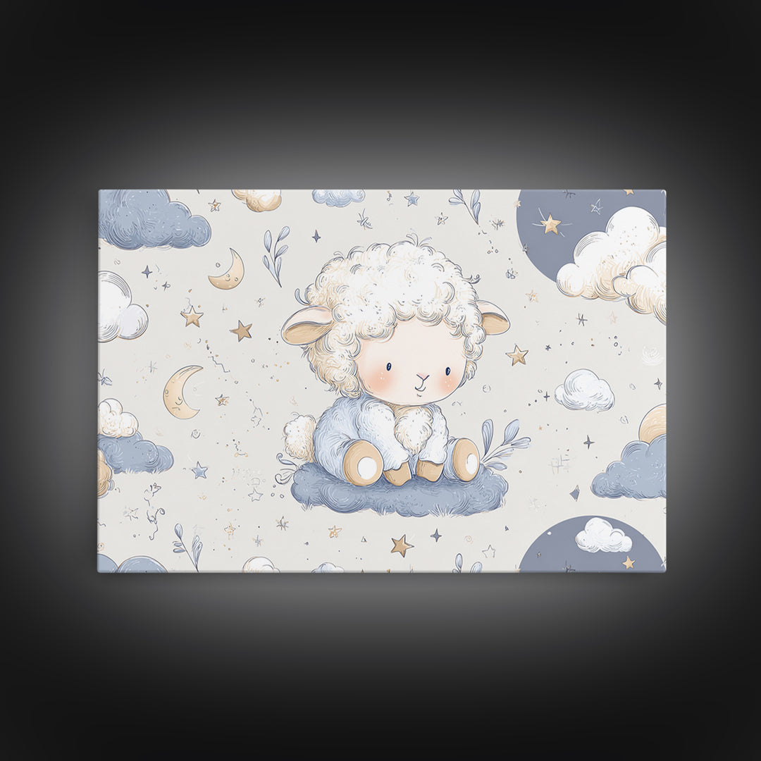 Little Lamb under a Starry Sky Framed Canvas Print, Nursery Art, Kids Wall Art, Nursery Decor, Watercolor Art, Nursery, NUR-3x2-71