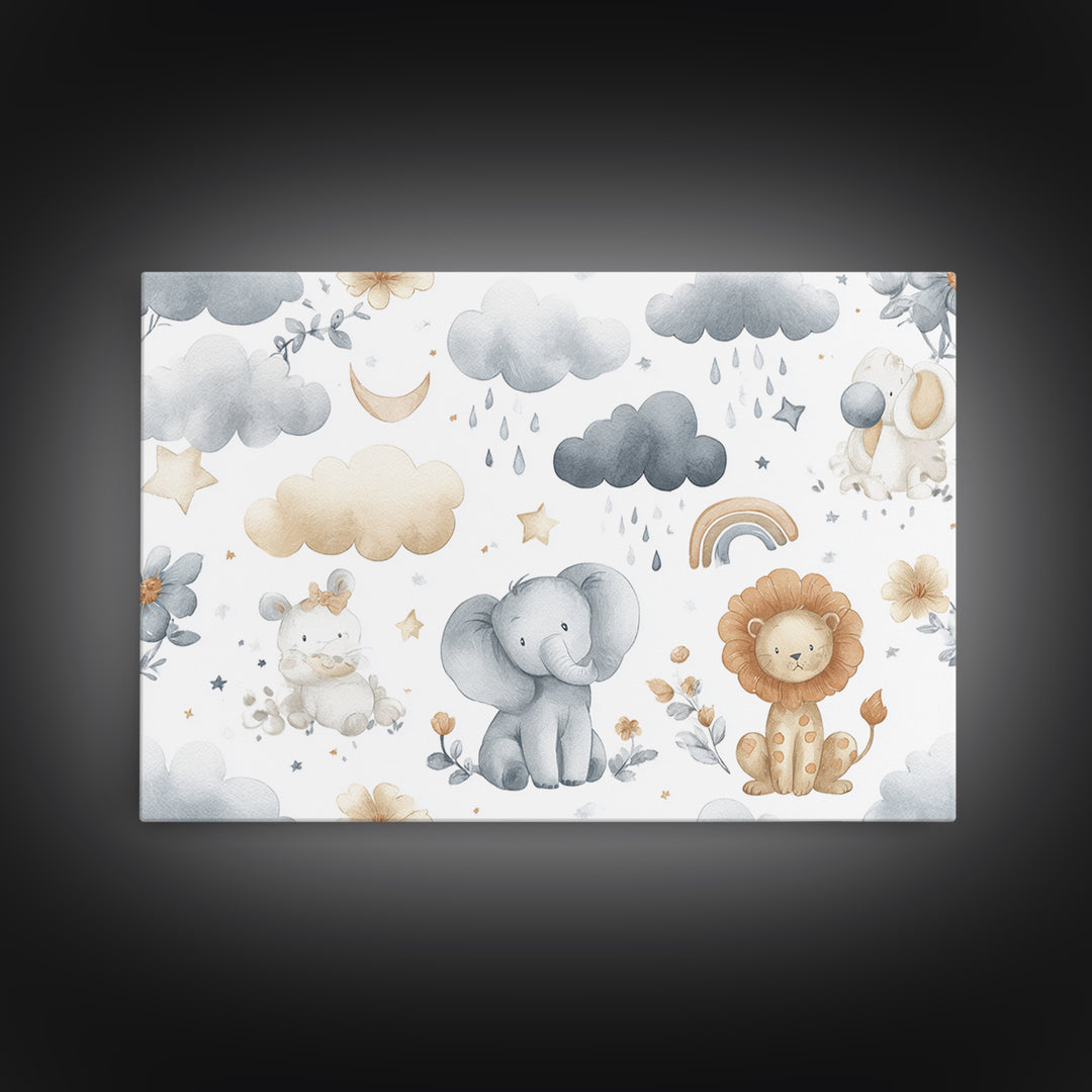 Clouds and Raindrops Framed Canvas Print, Nursery Art, Girl Nursery Decor, Nursery Decor, Oil Painting, Nursery, Kids Room Art, NUR-3x2-74