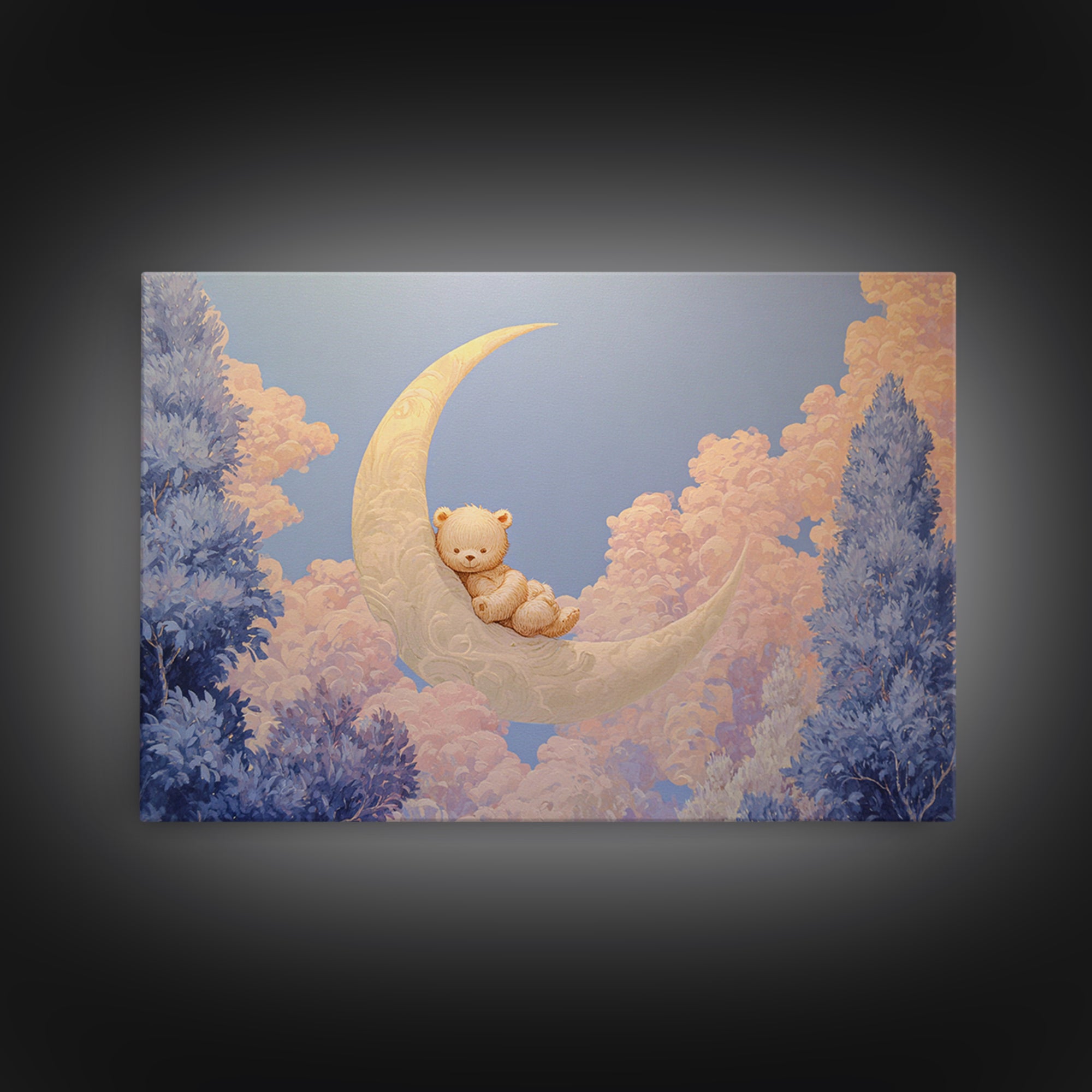 Baby Bear Floating on a Crescent Moon Framed Canvas Print, Nursery Art, Playroom Wall Art, Nursery Decor, Oil Painting, Nursery, NUR-3x2-82
