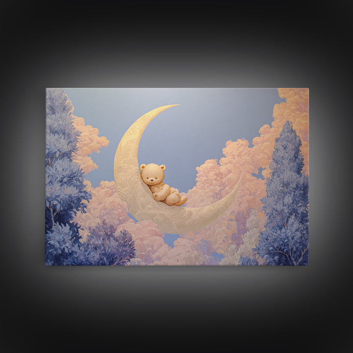 Baby Bear Floating on a Crescent Moon Framed Canvas Print, Nursery Art, Playroom Wall Art, Nursery Decor, Oil Painting, Nursery, NUR-3x2-82