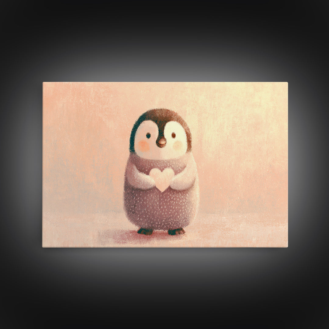 Penguin Holding a Little Heart Shape Framed Canvas Print, Nursery Art, Kids Wall Art, Nursery Decor, Abstract Art, Nursery, NUR-3x2-86
