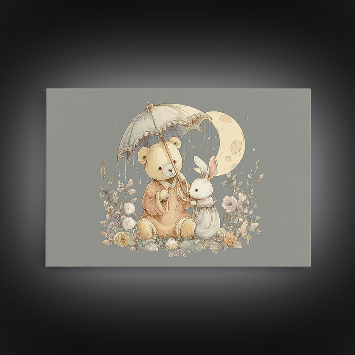 Bear and Rabbit Sharing Umbrella Canvas Print, Nursery Art, Woodland Nursery Art, Nursery Decor, Fine Art, Nursery, NUR-3x2-93