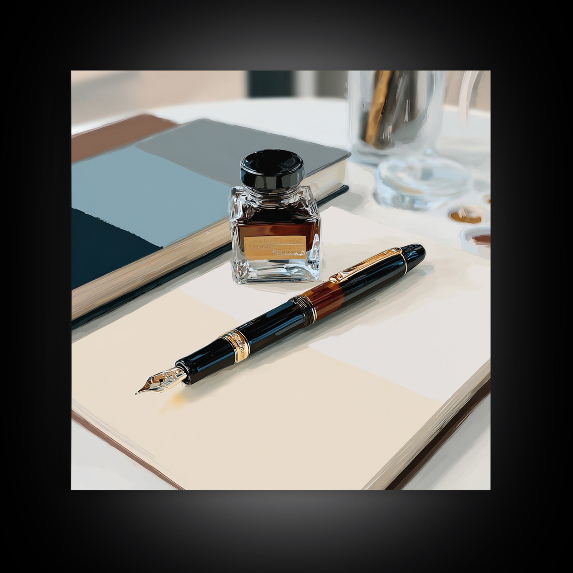 Fountain Pen and Notebook Still Life Without Canvas Print, Office Art, Ai Art, Office Decor, Oil Painting, Focus, OFF-1x1-22