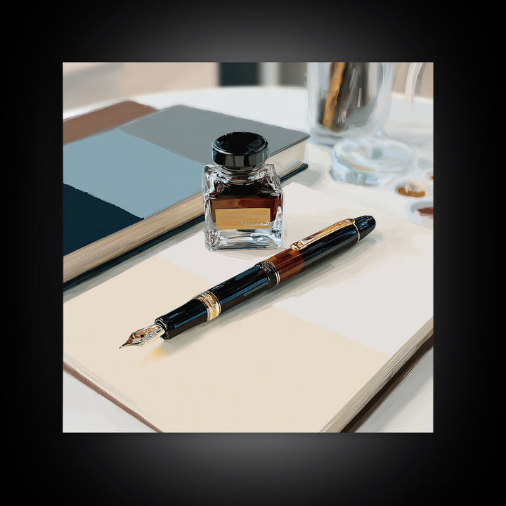 Fountain Pen and Notebook Still Life Without Canvas Print, Office Art, Ai Art, Office Decor, Oil Painting, Focus, OFF-1x1-22