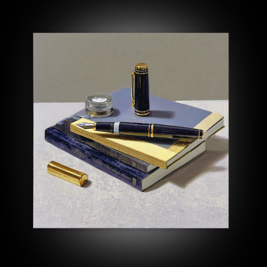 Fountain Pen and Notebook Still Life Without Framed Canvas Print, Office Art, Dopamine Decor, Office Decor, Fine Art, Focus, OFF-1x1-46