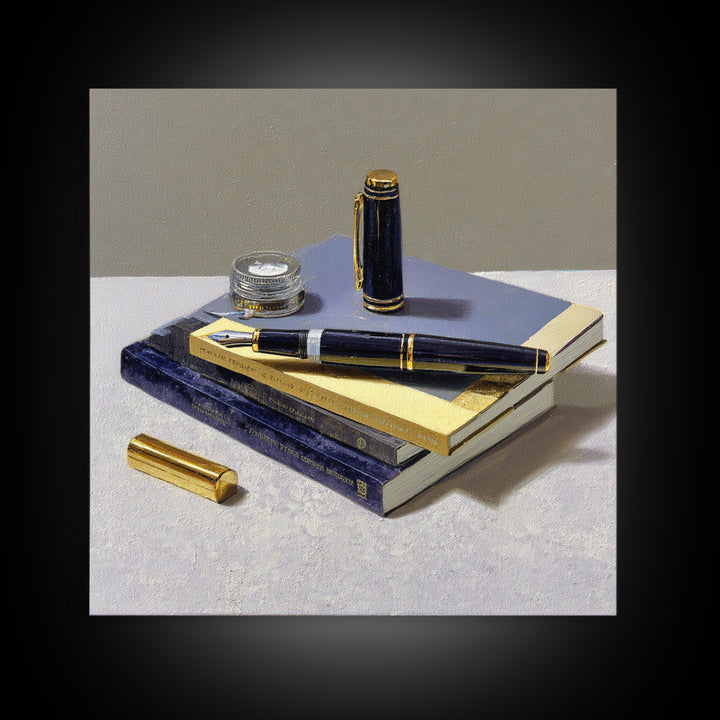 Fountain Pen and Notebook Still Life Without Framed Canvas Print, Office Art, Dopamine Decor, Office Decor, Fine Art, Focus, OFF-1x1-46