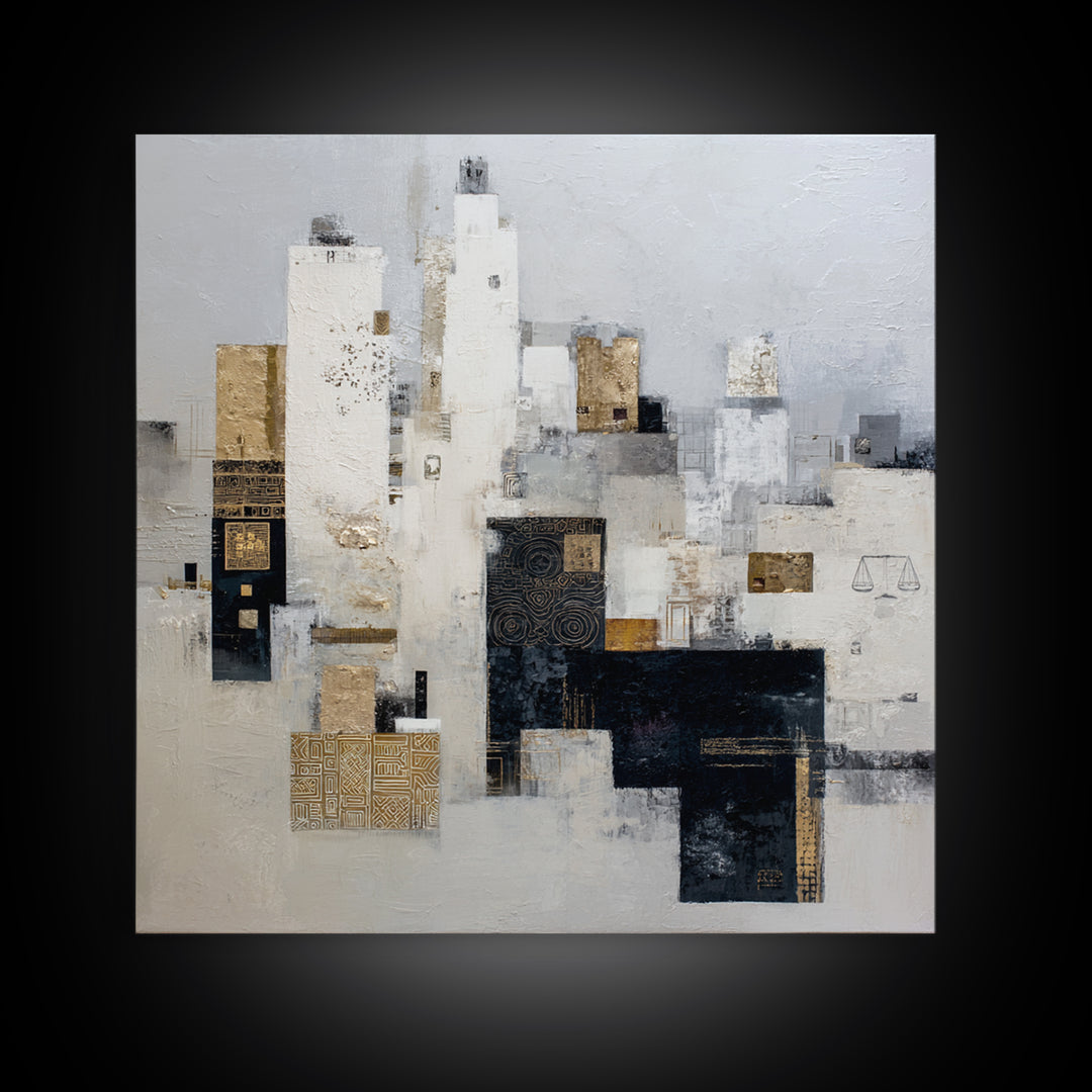 Black and White City Skyline Silhouette Framed Canvas Print, Office Art, Fine Art Print, Office Decor, Abstract Art, Focus, OFF-1x1-53