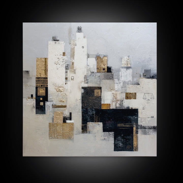 Black and White City Skyline Silhouette Framed Canvas Print, Office Art, Fine Art Print, Office Decor, Abstract Art, Focus, OFF-1x1-53