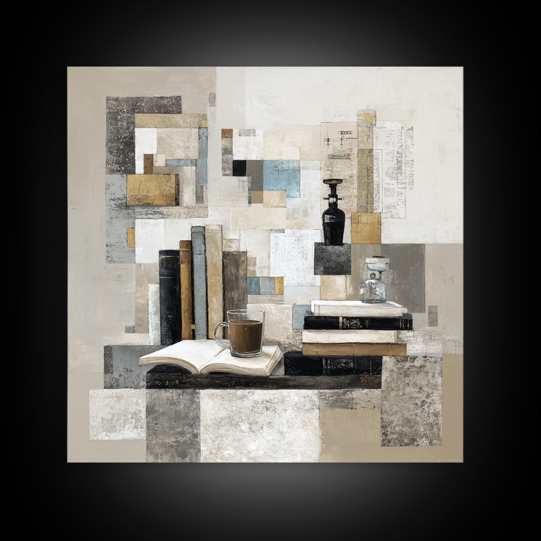Books and Coffee Still Life Framed Canvas Print, Office Art, Statement Artwork, Office Decor, Abstract Art, Focus, Wall Decor, OFF-1x1-57