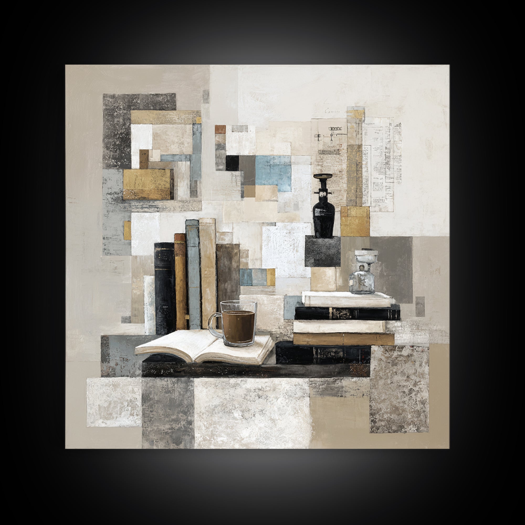 Books and Coffee Still Life Framed Canvas Print, Office Art, Statement Artwork, Office Decor, Abstract Art, Focus, Wall Decor, OFF-1x1-57