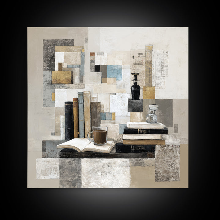 Books and Coffee Still Life Framed Canvas Print, Office Art, Statement Artwork, Office Decor, Abstract Art, Focus, Wall Decor, OFF-1x1-57