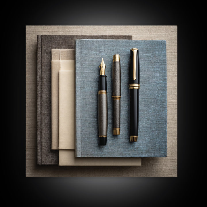 Fountain Pen and Notebook Still Life Without Framed Canvas Print, Office Art, Dopamine Decor, Office Decor, Fine Art, Focus, OFF-1x1-70