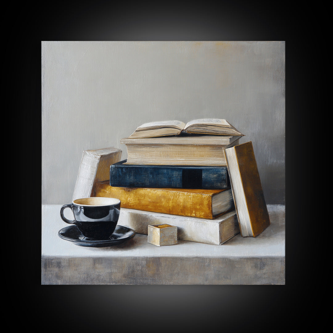 Books and Coffee Still Life Canvas Print, Office Art, Textured Painting, Office Decor, Focus, Printables, Digital Wall Art, OFF-1x1-81