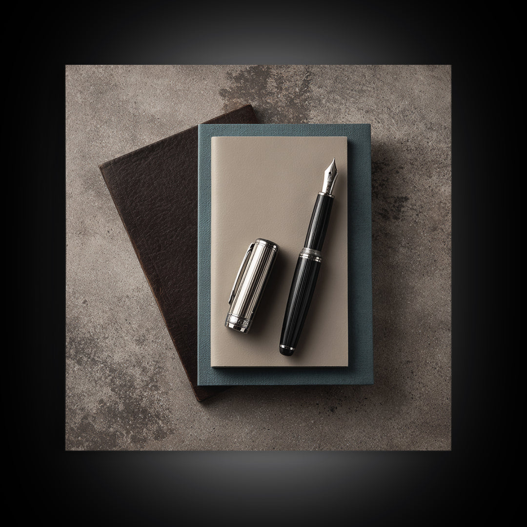 Fountain Pen and Notebook Still Life Without Canvas Print, Office Art, Cubicle Decor, Office Decor, Fine Art, Focus, OFF-1x1-94