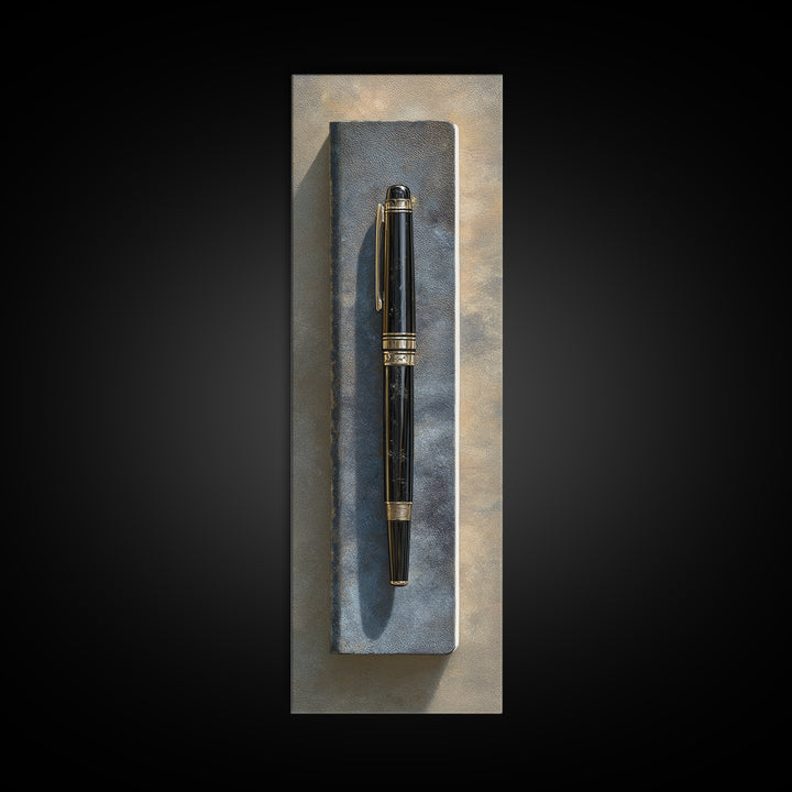 Fountain Pen and Notebook Still Life Without Canvas Print, Office Art, Gallery Decor, Office Decor, Oil Painting, Focus, OFF-1x3-82
