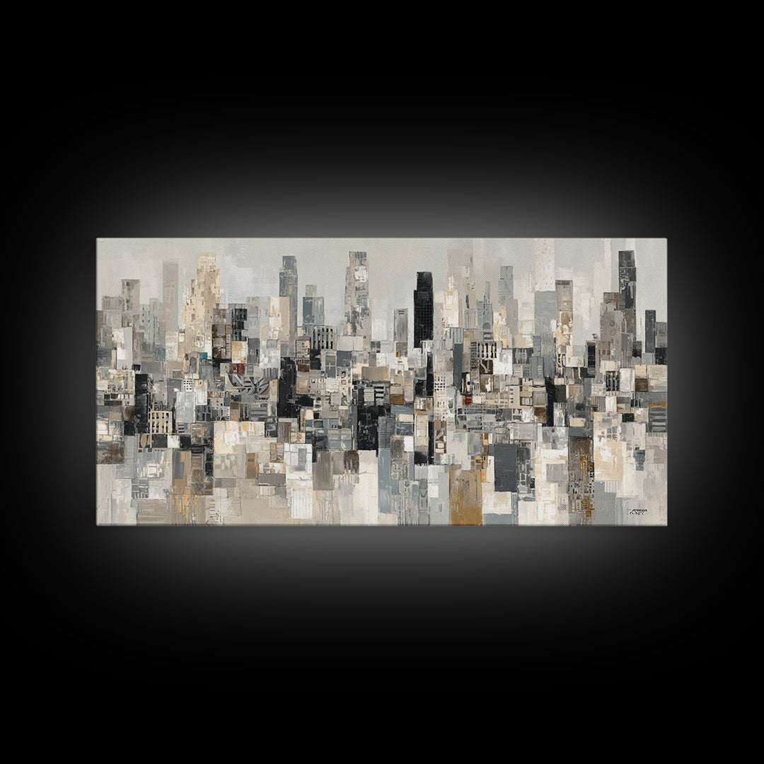 Black and White City Skyline Silhouette Framed Canvas Print, Office Art, Home Decor, Office Decor, Fine Art, Focus, Art Deco, OFF-2x1-1
