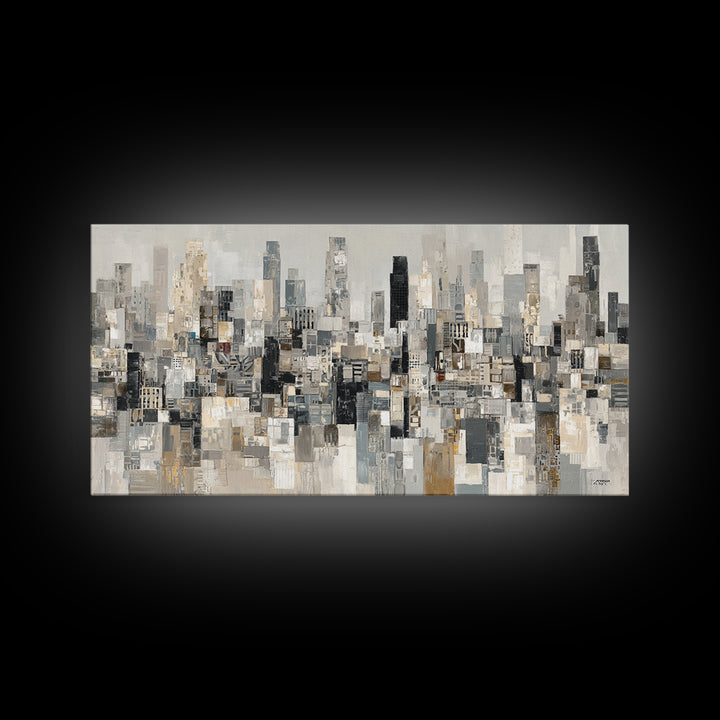Black and White City Skyline Silhouette Framed Canvas Print, Office Art, Home Decor, Office Decor, Fine Art, Focus, Art Deco, OFF-2x1-1