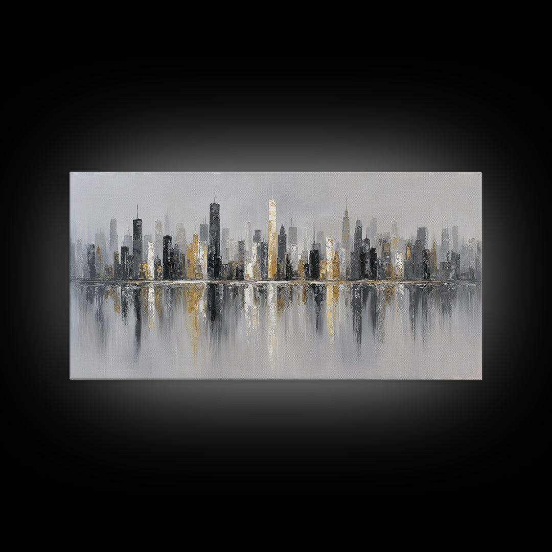 Black and White City Skyline Silhouette Framed Canvas Print, Office Art, Home Decor, Office Decor, Fine Art, Focus, Art Deco, OFF-2x1-25