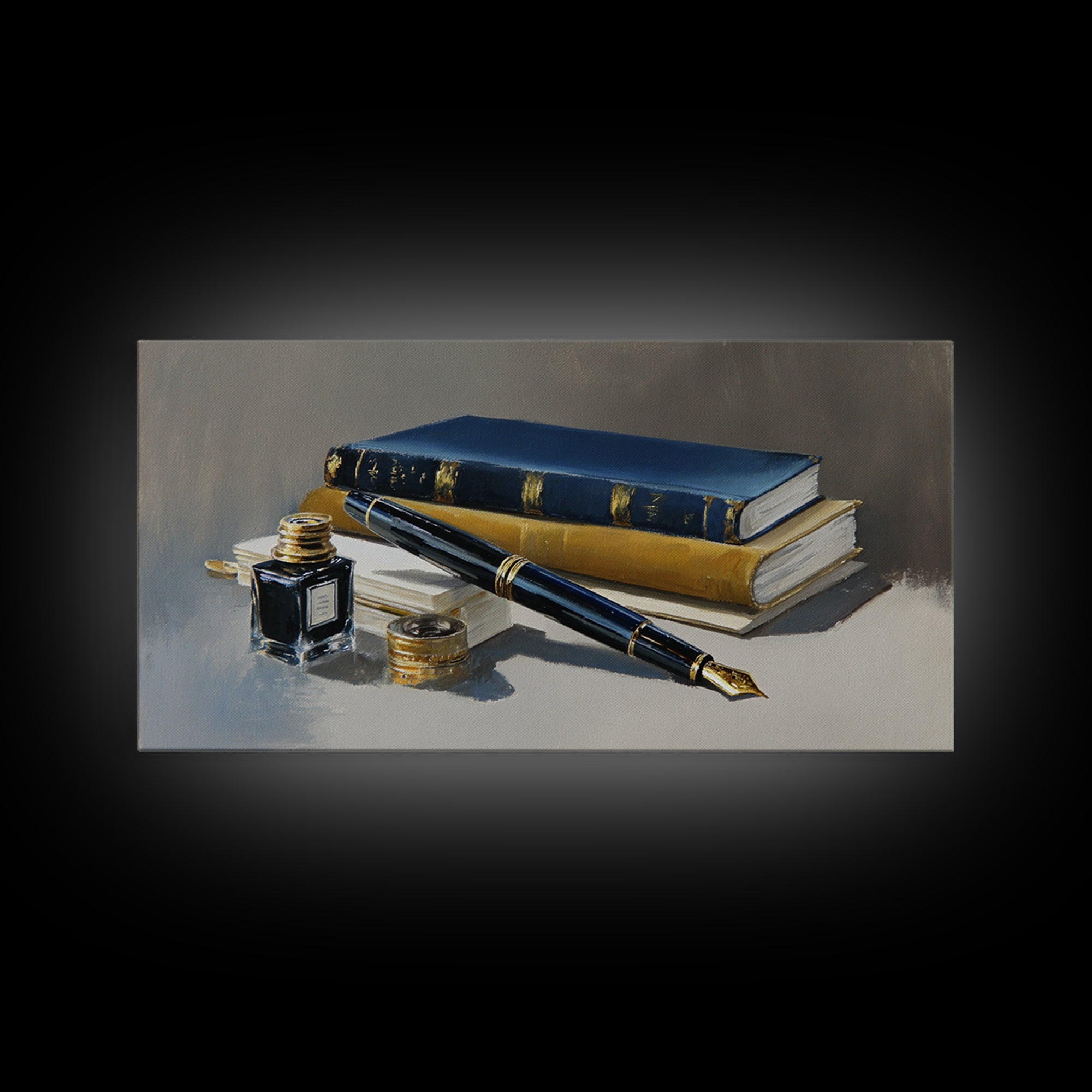 Fountain Pen and Notebook Still Life Without Framed Canvas Print, Office Art, Poster, Office Decor, Oil Painting, Focus, OFF-2x1-90