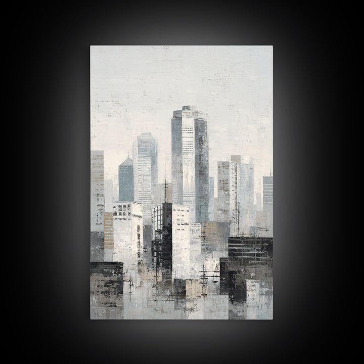 Black and White City Skyline Silhouette Framed Canvas Print, Office Art, Wall Decor, Office Decor, Abstract Art, Focus, OFF-2x3-37