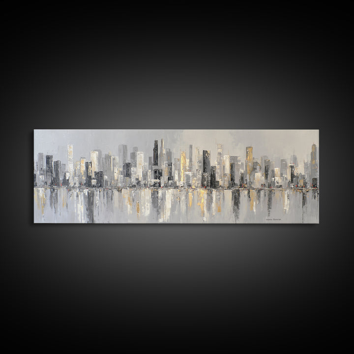 Black and White City Skyline Silhouette Framed Canvas Print, Office Art, Office Wall Art, Office Decor, Fine Art, Focus, OFF-3x1-69