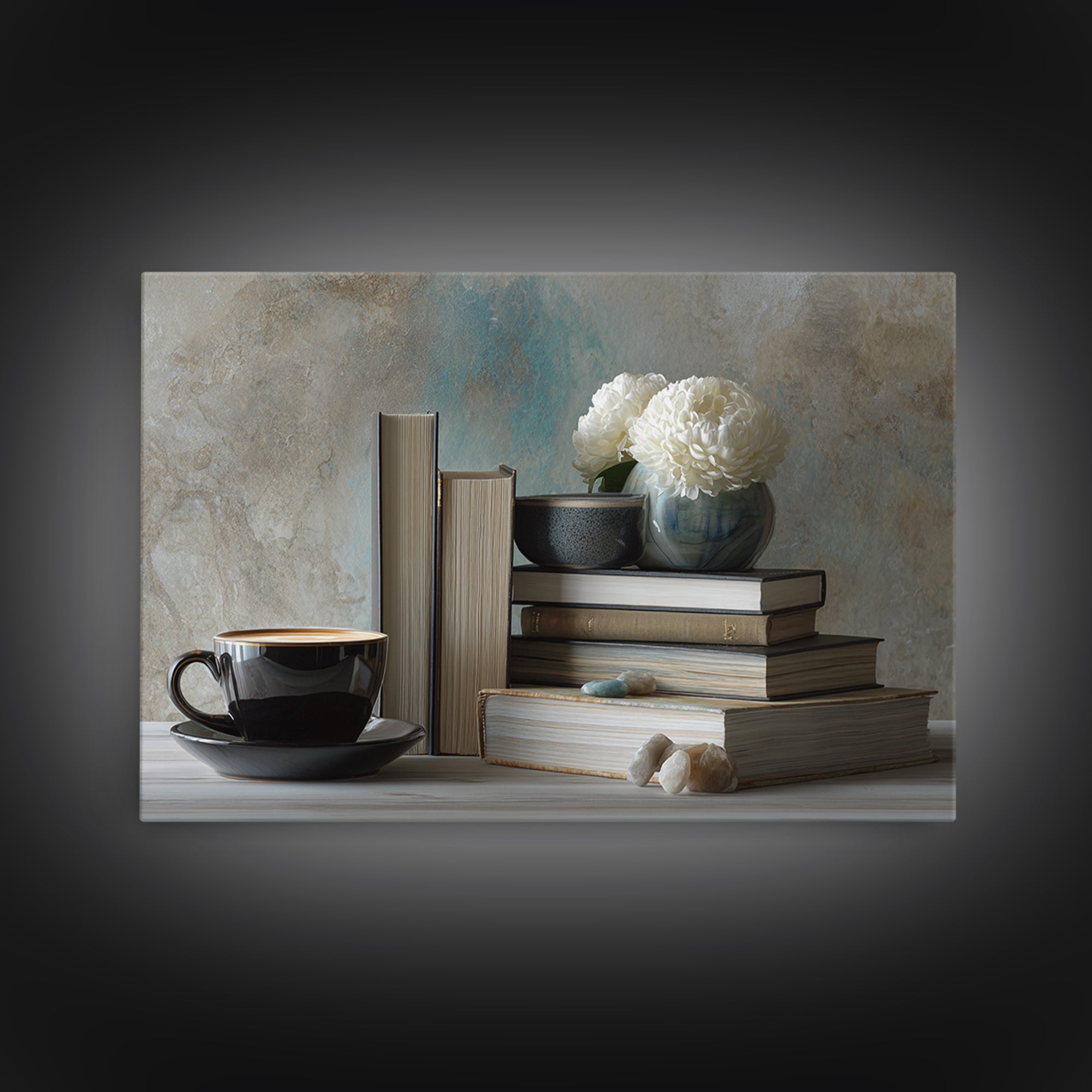 Books and Coffee Still Life Canvas Print, Office Art, Living Room Decor, Office Decor, Oil Painting, Focus, Fine Art Print, OFF-3x2-61