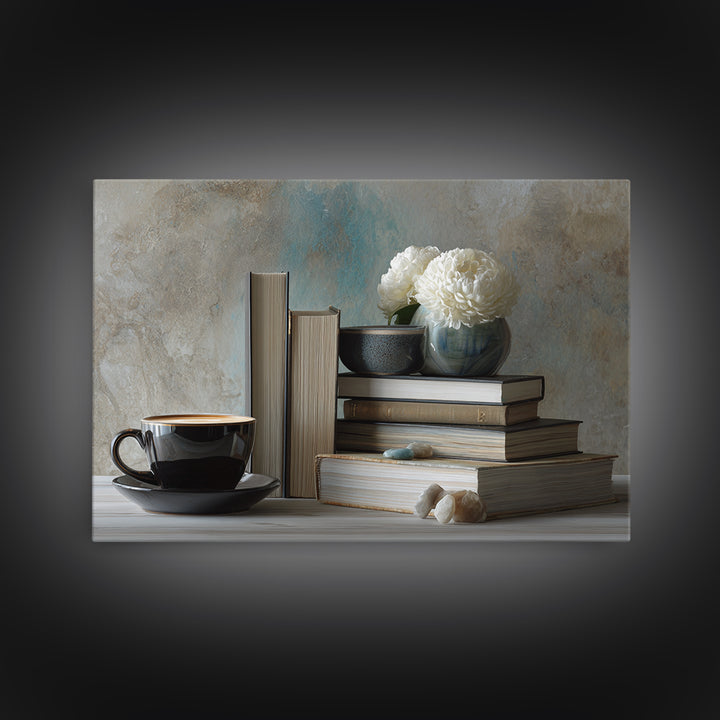 Books and Coffee Still Life Canvas Print, Office Art, Living Room Decor, Office Decor, Oil Painting, Focus, Fine Art Print, OFF-3x2-61